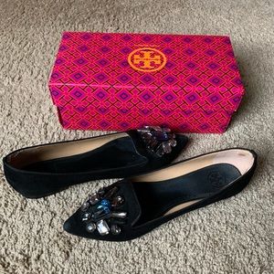 Tory Burch black suede flats with jeweled detailing
